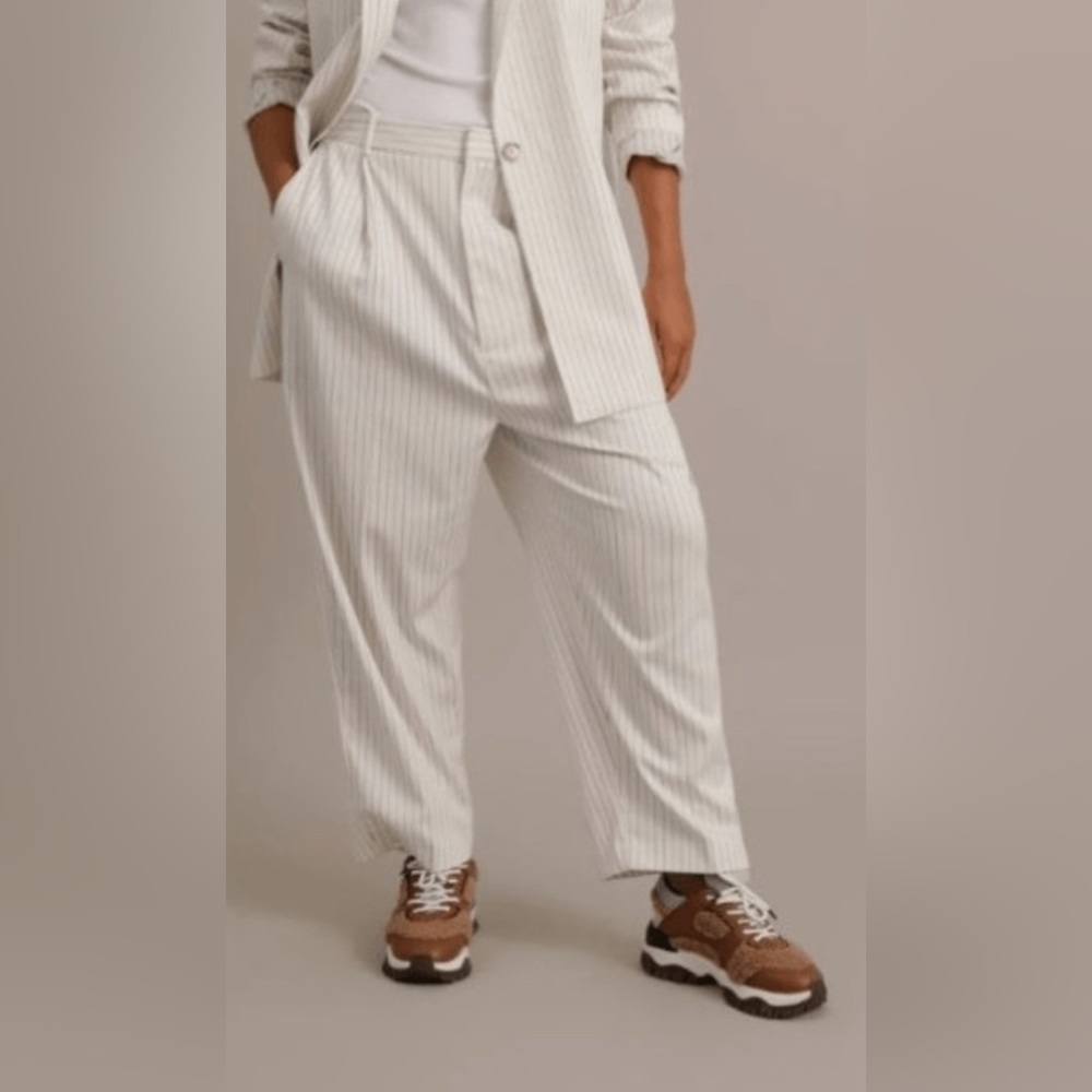 Munthe Jadie Ivory Pinstriped Straight Ankle Trouser Pants Size 12 New